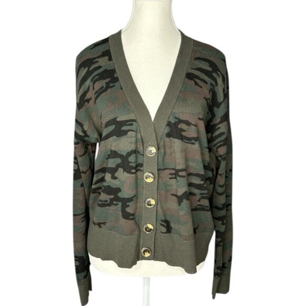 Sanctuary Womens Camo Cardigan Sweater Green‎ Brown V-Neck Button Front Small